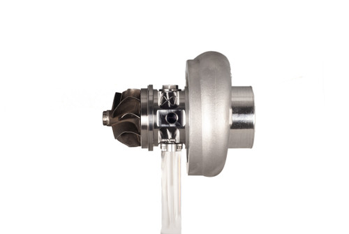 Xona XR 6564S X2C turbo, side view showing compressor wheel, center housing, and turbine outlet
