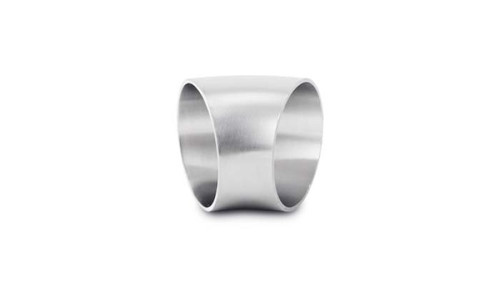 Vibrant 2.5in O.D. T304 SS 45 degree mandrel bend, brushed stainless tube shown at an angled front view