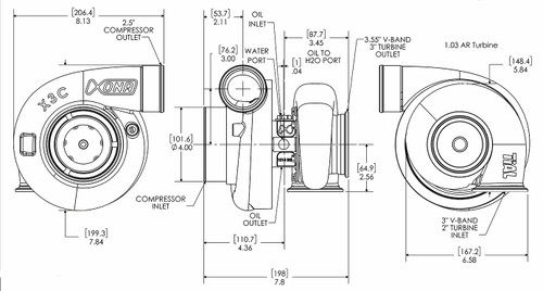 Xona XR 9564S X3C turbocharger technical diagram showing front, side, and rear views with dimensions and ports labeled.