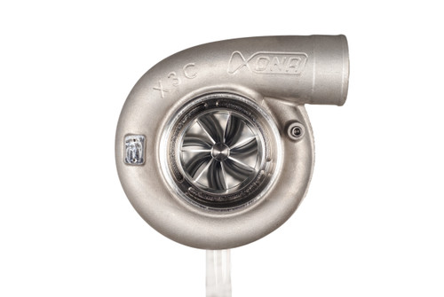 Xona XR 9564S X3C turbocharger, front view showing compressor wheel, housing and curved outlet pipe
