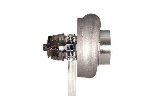 Xona XR 9564S X3C turbo, side view showing compressor wheel, housing and clamp assembly on white background.