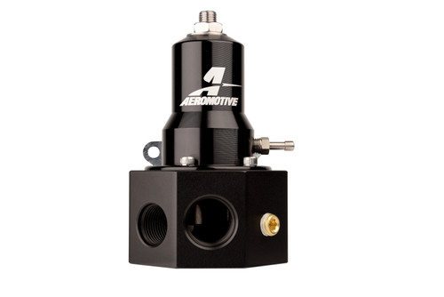 Aeromotive adjustable fuel pressure regulator, black billet body, side angle with inlet, return and gauge ports visible