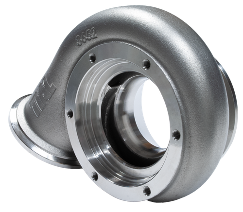 Xona Rotor XR-51S .52 A/R TiAL V-Band turbine housing, angled view showing inlet, outlet, and volute casting.