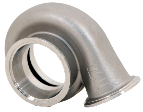 Xona Rotor XR-51S .52 A/R turbine housing, front angle showing V-band inlet and outlet flanges