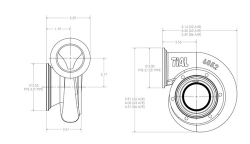 Technical line drawing of Xona Rotor XR-51S .63 A/R turbine housing, front and side views with dimensions