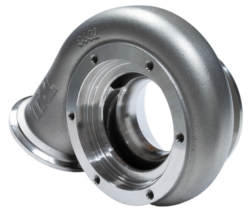 Xona Rotor XR-51S .86 A/R TiAL turbine housing, angled view showing V-band inlet and outlet flanges