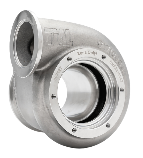 Xona Rotor XR-51S .80 A/R turbine housing, angled view showing V-band inlet and outlet flanges, TiAL markings