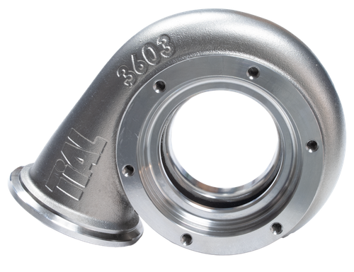Xona Rotor XR-57S turbine housing, .82 A/R, TiAL V-band inlet and outlet, front angled view