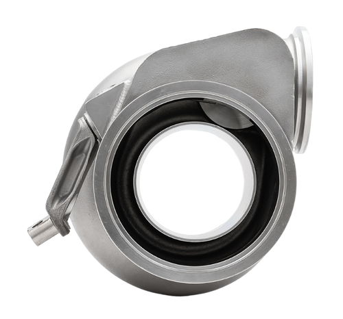 Xona Rotor XR-57S .80 A/R IWG turbine housing, angled view showing V-band outlet and wastegate flange