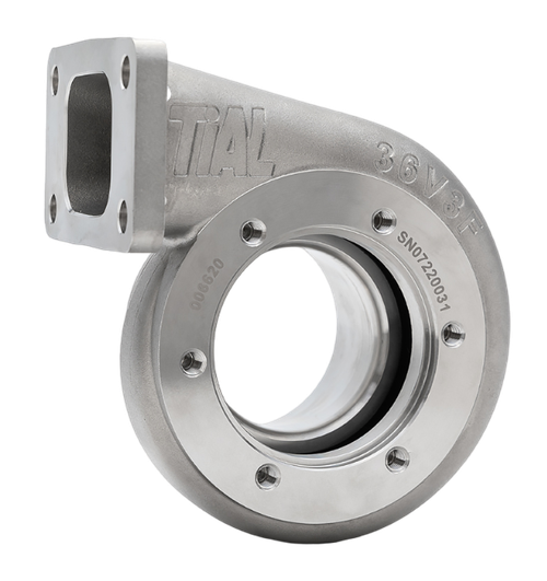 Xona Rotor XR-57S T3 .63 A/R turbine housing, angled view showing T3 inlet flange and V-band outlet with bolt holes