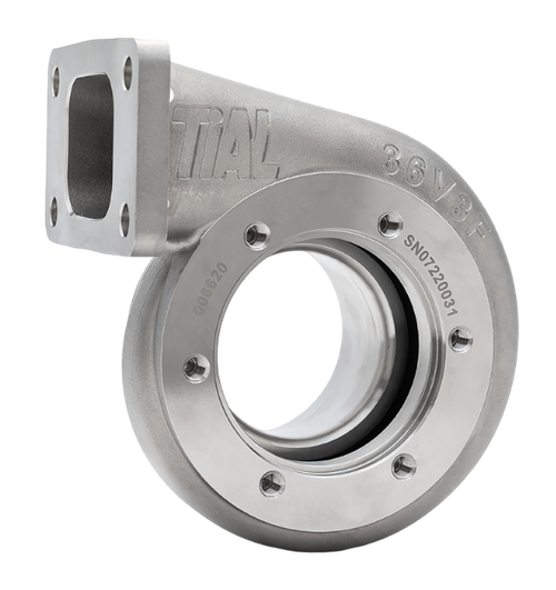 Xona Rotor XR-57S T3 1.06 A/R turbine housing, angled view showing v-band outlet and T3 inlet flange