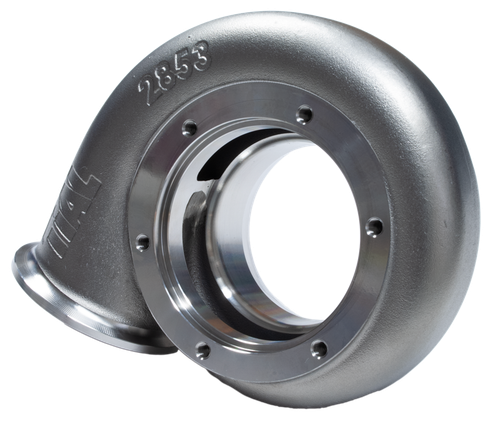 Xona Rotor XR-64S .82 A/R turbine housing, angled view showing V-band inlet and outlet flanges with bolt holes