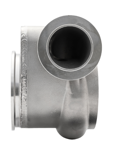 Xona Rotor XR-64S .62 A/R IWG turbine housing, side view showing angled outlet and V-band inlet flange.