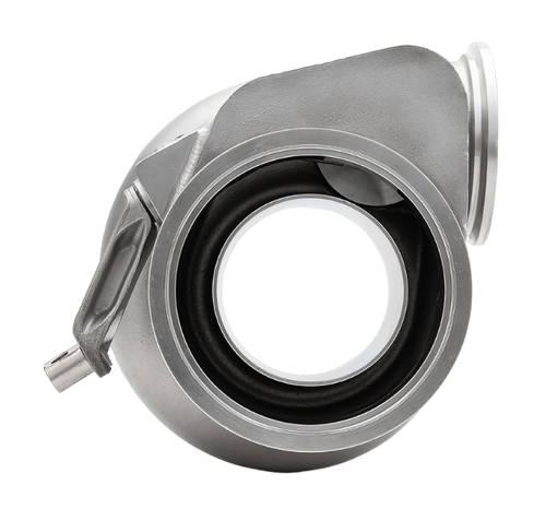 Xona Rotor XR-64S .62 A/R turbine housing, angled view showing V-band outlet and wastegate port.