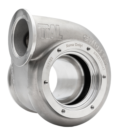 Xona Rotor XR-64S .62 A/R TiAL turbine housing, angled view showing V-band inlet and outlet flanges