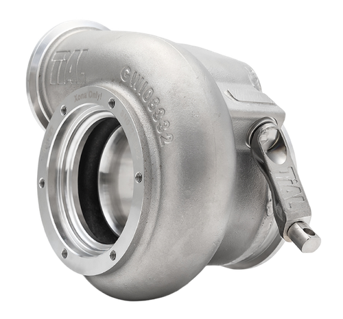 Xona Rotor XR-64S .80 A/R turbine housing, angled view showing V-band inlet, outlet, and TiAL wastegate actuator arm
