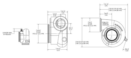 Technical line drawing of the Xona Rotor XR-64S .80 A/R IWG turbine housing, showing front, side and back views with dimensions.
