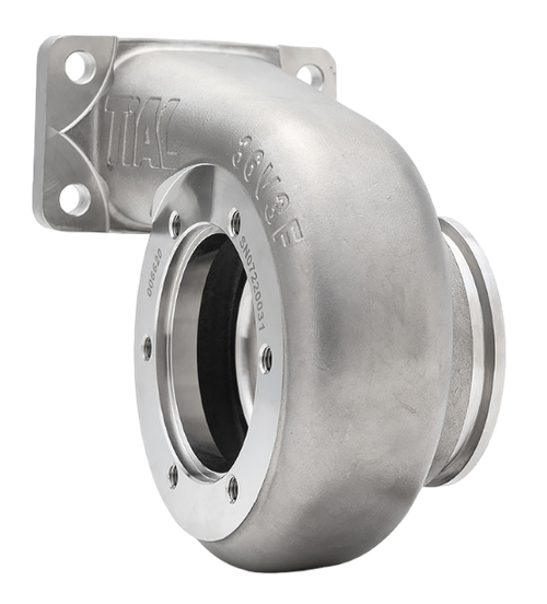 Xona Rotor XR-64S T3 .63 A/R turbine housing, side angle showing bolted inlet flange and V-band outlet.