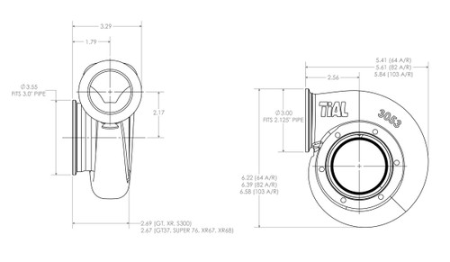 Technical line drawing of Xona Rotor XR-69S turbine housing, side and front views with dimensions labeled.