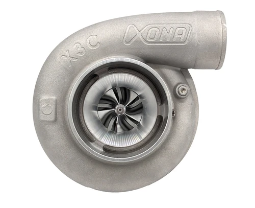 Xona XRE 5057S X3C 50mm turbocharger, front view showing compressor wheel, housing and outlet elbow