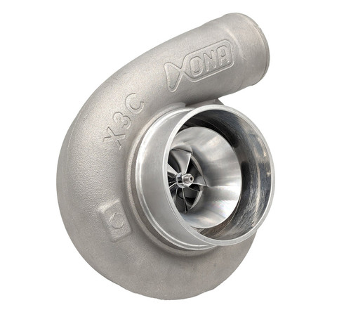 Xona XRE 5057S X3C 50mm turbocharger, front angle view showing compressor wheel and cast housing
