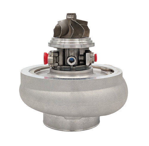 Xona XRE 5057S X3C 50mm turbocharger, front view showing compressor wheel, bearing housing with fittings, and turbine housing base