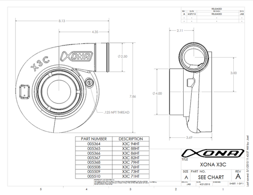 Xona XRE 7169S X3C turbo housing technical drawing, front and side views with dimensions and part number chart