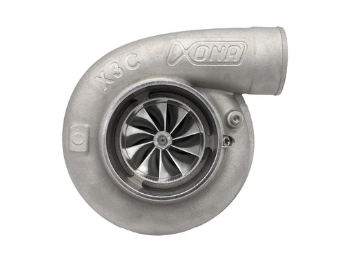 Xona XRE 6869S X3C turbocharger, front angle view showing compressor wheel, housing and inlet.