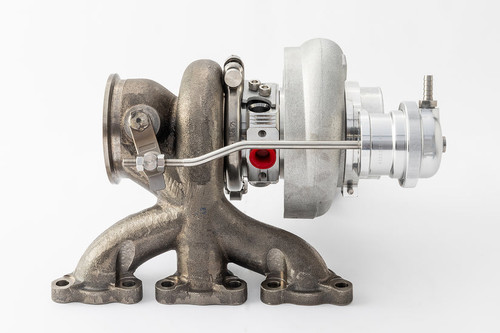 Xona CAN-AM X3 XR4351S X2C Turbocharger, side view showing exhaust manifold, wastegate actuator and compressor housing