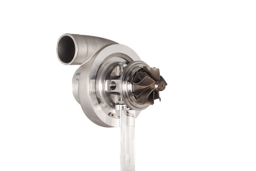 Xona Rotor 46MM turbocharger, front angle showing compressor wheel, housing and inlet pipe