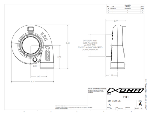 Technical drawing of Xona Rotor 46MM turbocharger showing front and side views with dimensions
