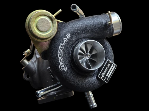 Boost Lab BL54XR turbo for Subaru STI, front angle showing compressor wheel, wastegate, and fittings