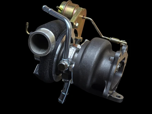 Boost Lab BL54XR turbocharger for Subaru STI, side angle showing compressor housing, wastegate actuator and oil fittings