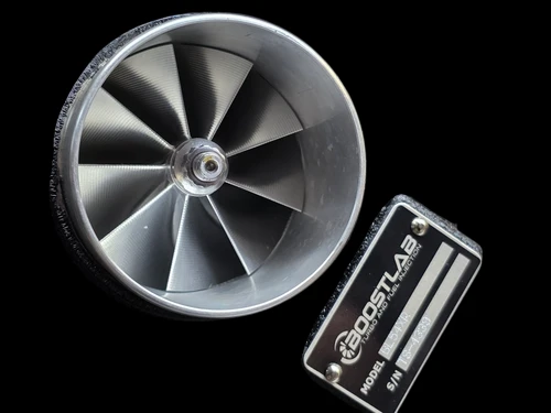 Boost Lab BL54XR for Subaru STI, front view of billet turbine blade air intake with BoostLab label plate beside it