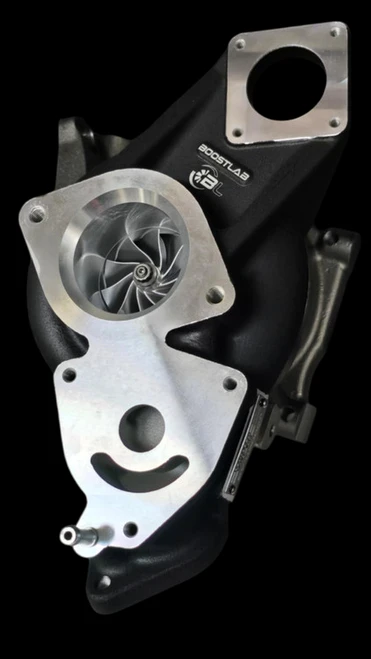 Boost Lab BL460R-FK8 Civic Type-R turbocharger, front angle showing billet compressor wheel and cast housing