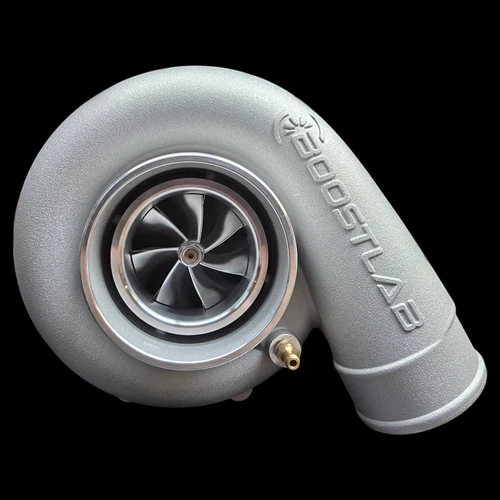 BoostLab BL6670R billet turbocharger, front view showing compressor wheel, housing and oil fitting.