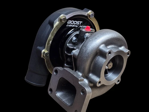 BL5757C Carbon Seal Turbocharger, angled front view showing compressor housing, gold clamp, and turbine inlet flange