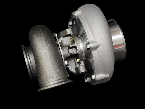 BL6262RC turbocharger, front angled view showing cast exhaust housing and billet compressor cover.