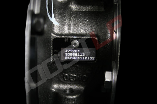 S300SX3-66 .91 A/R turbo housing close-up, ID tag showing P/N 177284, 93009112