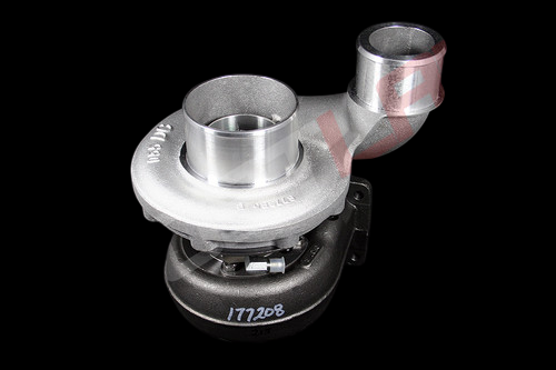 Boost Lab S300SX3-66 .91 A/R turbo, side view showing compressor housing and 90-degree outlet elbow
