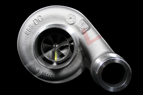 Boost Lab S300SX3-66 turbo, .91 A/R, front view showing compressor wheel and housing outlet