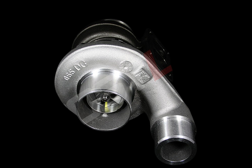 S300SX3-66 .91 A/R turbo, front angle showing compressor wheel and 90 degree outlet elbow