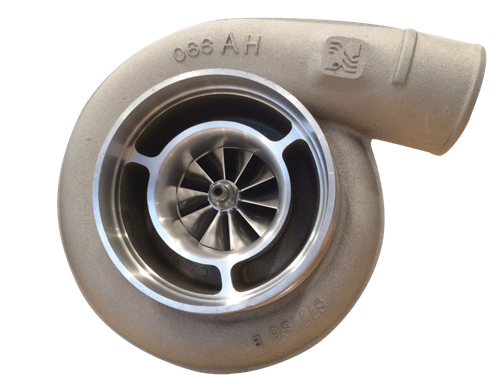 BorgWarner S400SX 76mm turbo, front view showing compressor wheel, housing, and cast outlet elbow