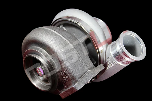 BorgWarner S500SX 88mm turbo, front angle showing compressor housing and inlet elbow