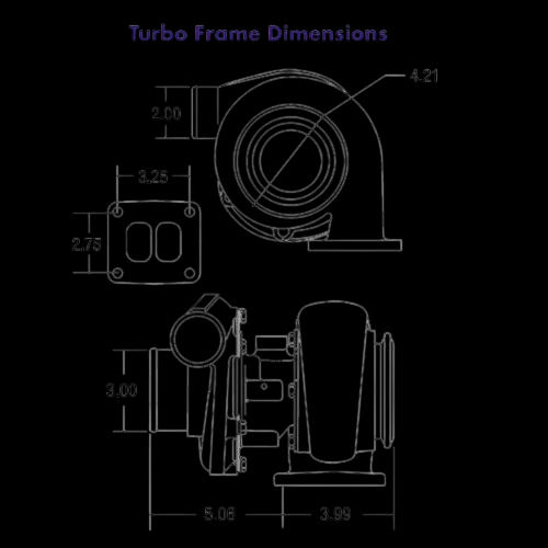 BorgWarner S200 SX turbocharger dimension diagram, T4 flange, front and side views with labeled measurements