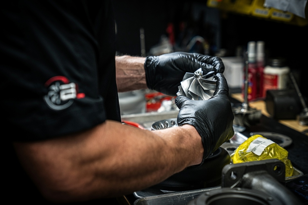 Boost Lab technician inspecting a turbocharger compressor wheel at the bench