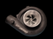 BoostLab BL-5858 turbocharger, front angle view showing polished compressor wheel and black cast housing with inlet pipe
