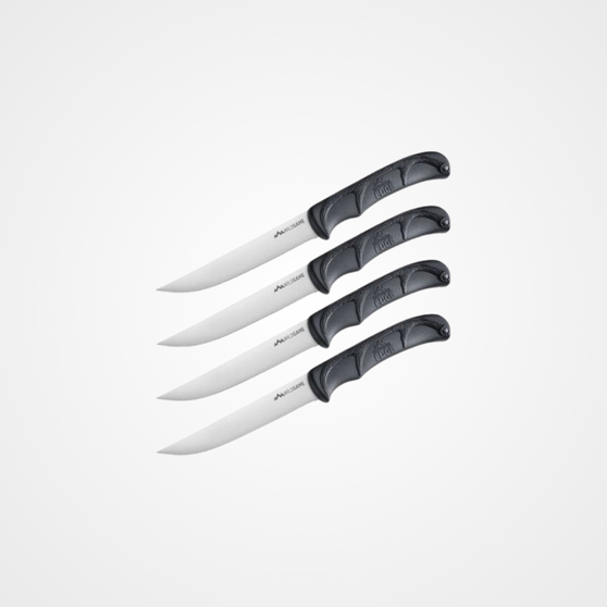 Outdoor Edge Wildgame 4pc Steak Knife Set 5" Satin Serrated Blades, Black TPR Handles