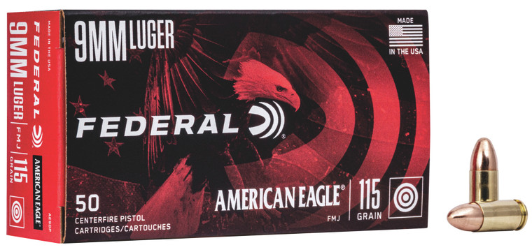 Federal American Eagle 9mm Luger 115 gr Full Metal Jacket 50 Rounds