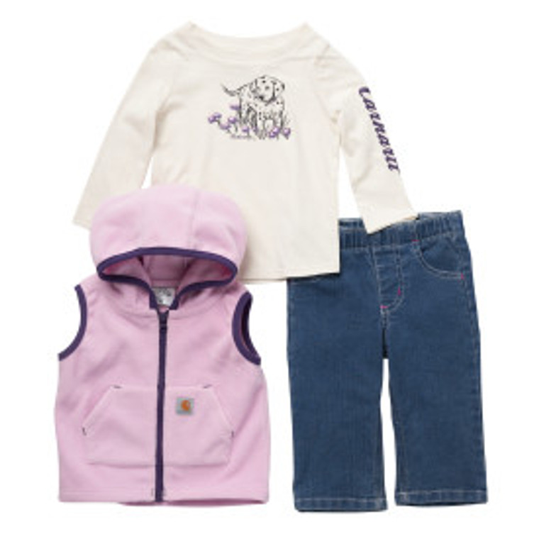 Carhartt Kids 3-Piece Long Sleeve Graphic Tee, Fleece Hooded Vest & Denim Pant Set Medium Wash Denim